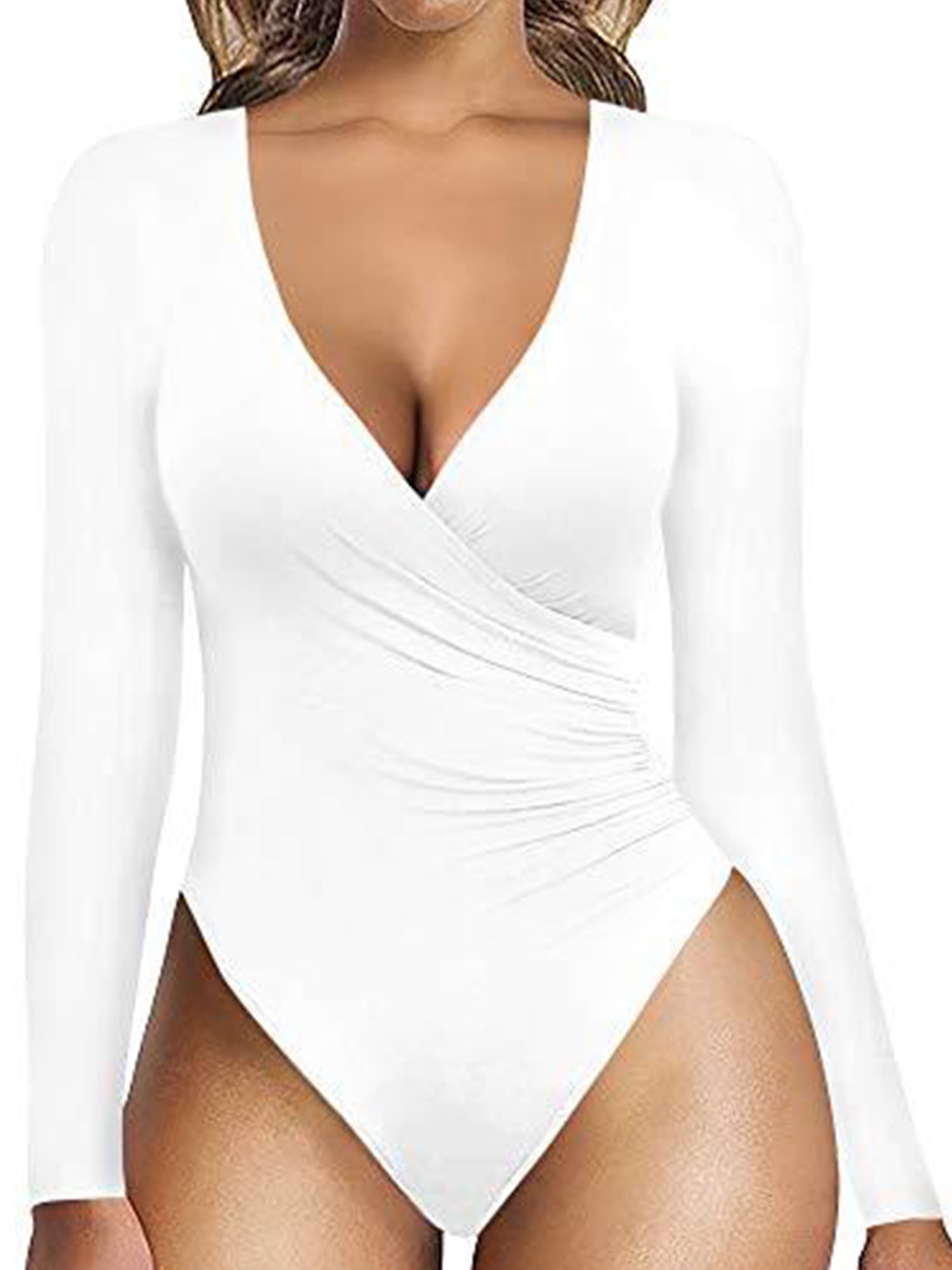 Avamo Ladies One Piece Tops Bodysuits V Neck Plain Leotard Women Long  Sleeve Party Bodysuit White M