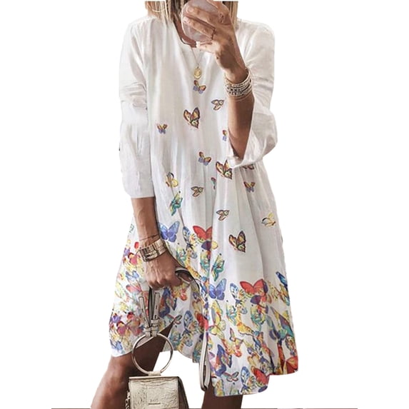 Avamo Ladies Short Mini Dresses Butterfly Print Sundress 3/4 Sleeve T Shirt Dress Bohemian Ruched Casual Crew Neck White XL