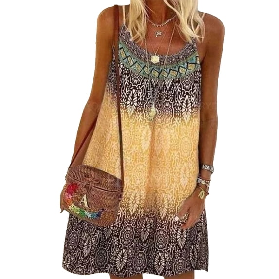 Avamo Ladies Sundress Tank Short Mini Dresses Crew Neck T Shirt Dress Beach Simple Swing Vest Yellow S