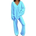 thumbnail image 1 of Avamo Ladies Thick Solid Color Two Piece Outfit V Neck Loose Fit Top And Palazzo Pant Wide Leg Sports Pajamas Light Blue 2XL, 1 of 2