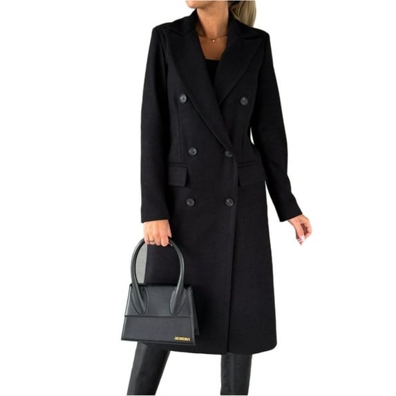 Avamo Ladies V Neck Solid Color Jacket Woolen Plain Overcoats Women Lapel Collar Winter Warm Coat Black 2XL