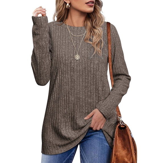Avamo Long Sleeve Shirts for Women Casual Blouses Crew Neck Tunic Tops Sweatshirts Pullover Khaki XL