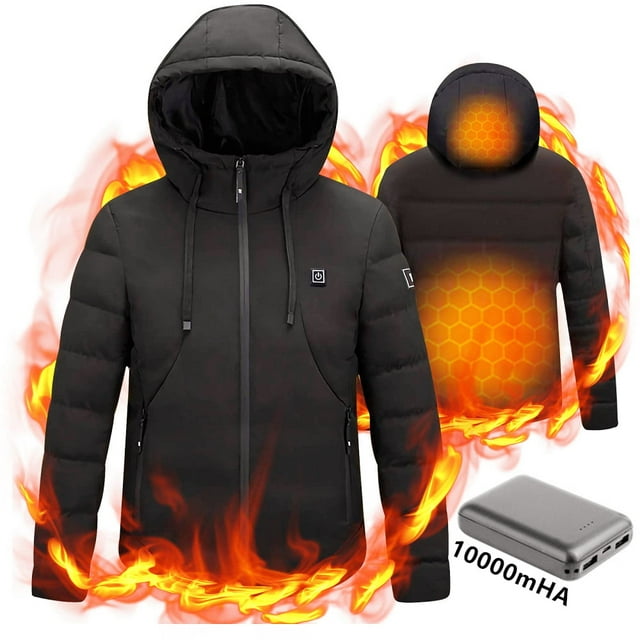 Avamo Man USB Heated Jacket,Lightweight Hooded Down Heated Coat,Full-Zip Long Sleeve Shell Heated Outwear,Winter Outdoor Warm Electric Heating Jacket Coat Outwear Clothing With Power Bank