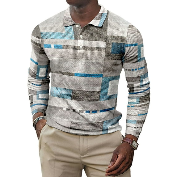 Avamo Men Casual Polo Shirt Long Sleeve Lapel Neck Color Block Print Tops Pullover