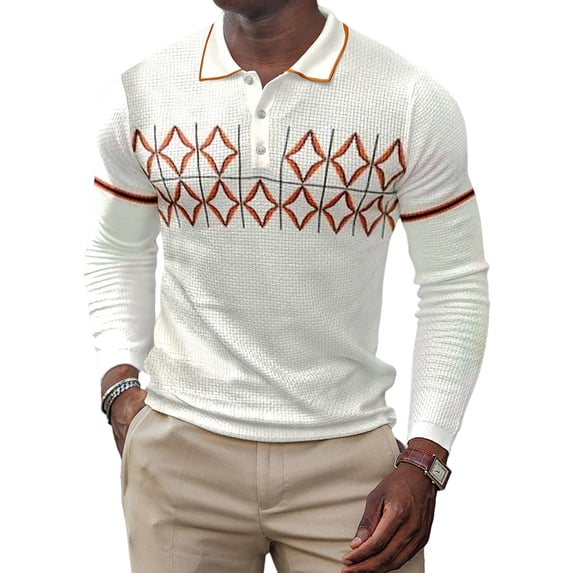 Avamo Men Casual Polo Shirt Long Sleeve Lapel Neck Color Block Print Tops Pullover
