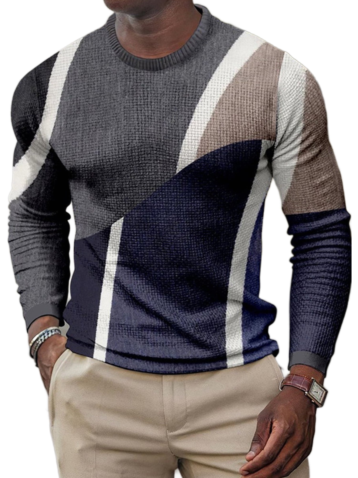 Avamo Men Fashion Crew Neck Geometric Printed Tee Shirt Basic Regular Fit  Tops Long Sleeve Sport T Shirts Style N 2XL 