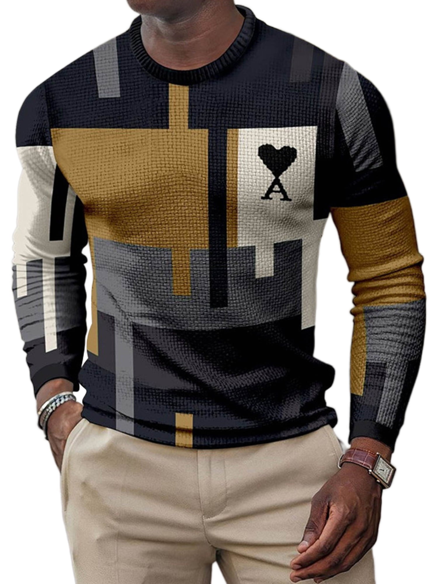 Avamo Men Fashion Crew Neck Geometric Printed Tee Shirt Basic Regular Fit  Tops Long Sleeve Sport T Shirts Style N 2XL 