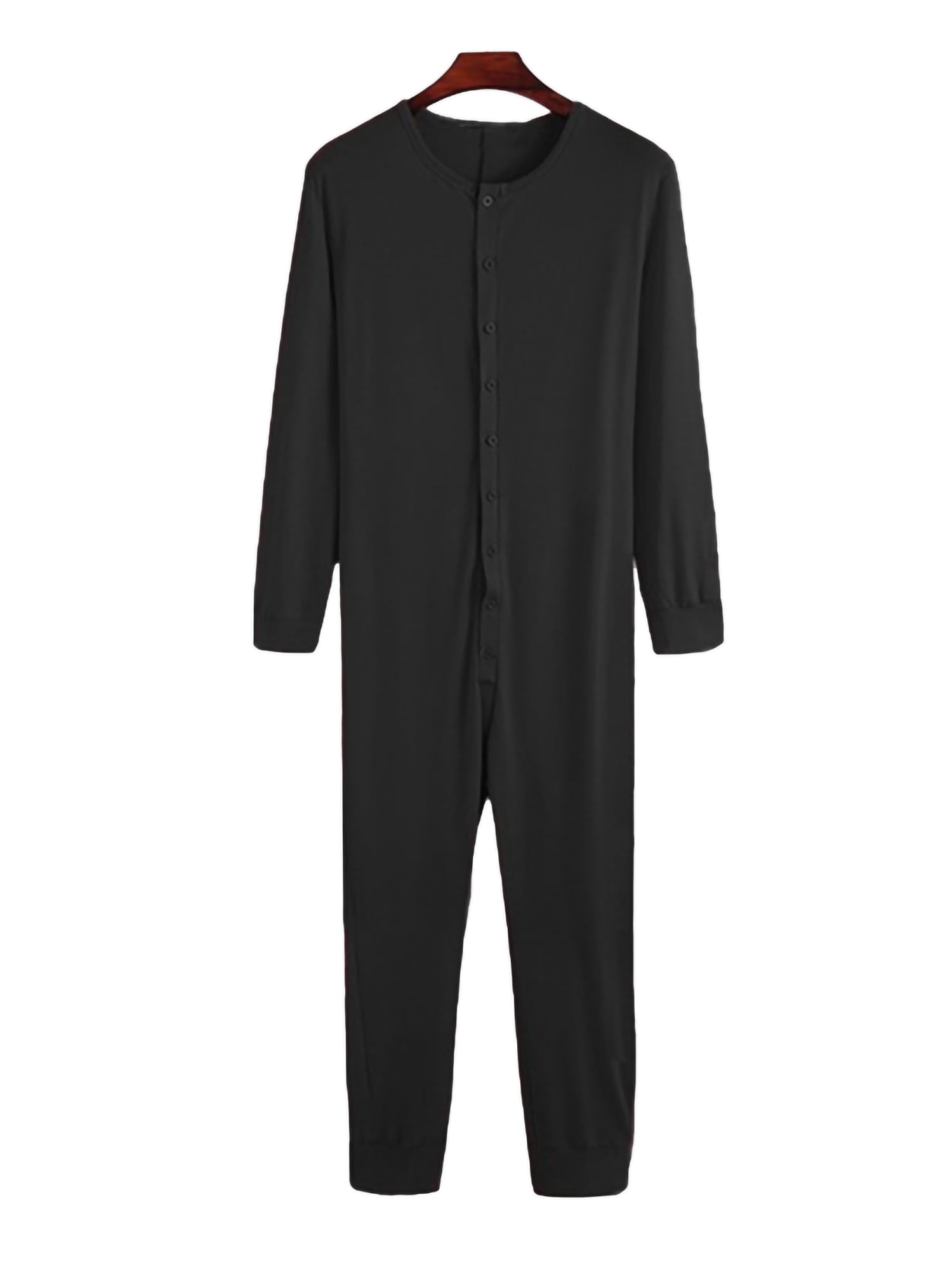 Avamo Men Union Suit Solid Color One Piece Pajama Underwear Bodysuit  Outwear Casual Sleepwear Plain Long Sleeve Onesie Pajamas Black L 