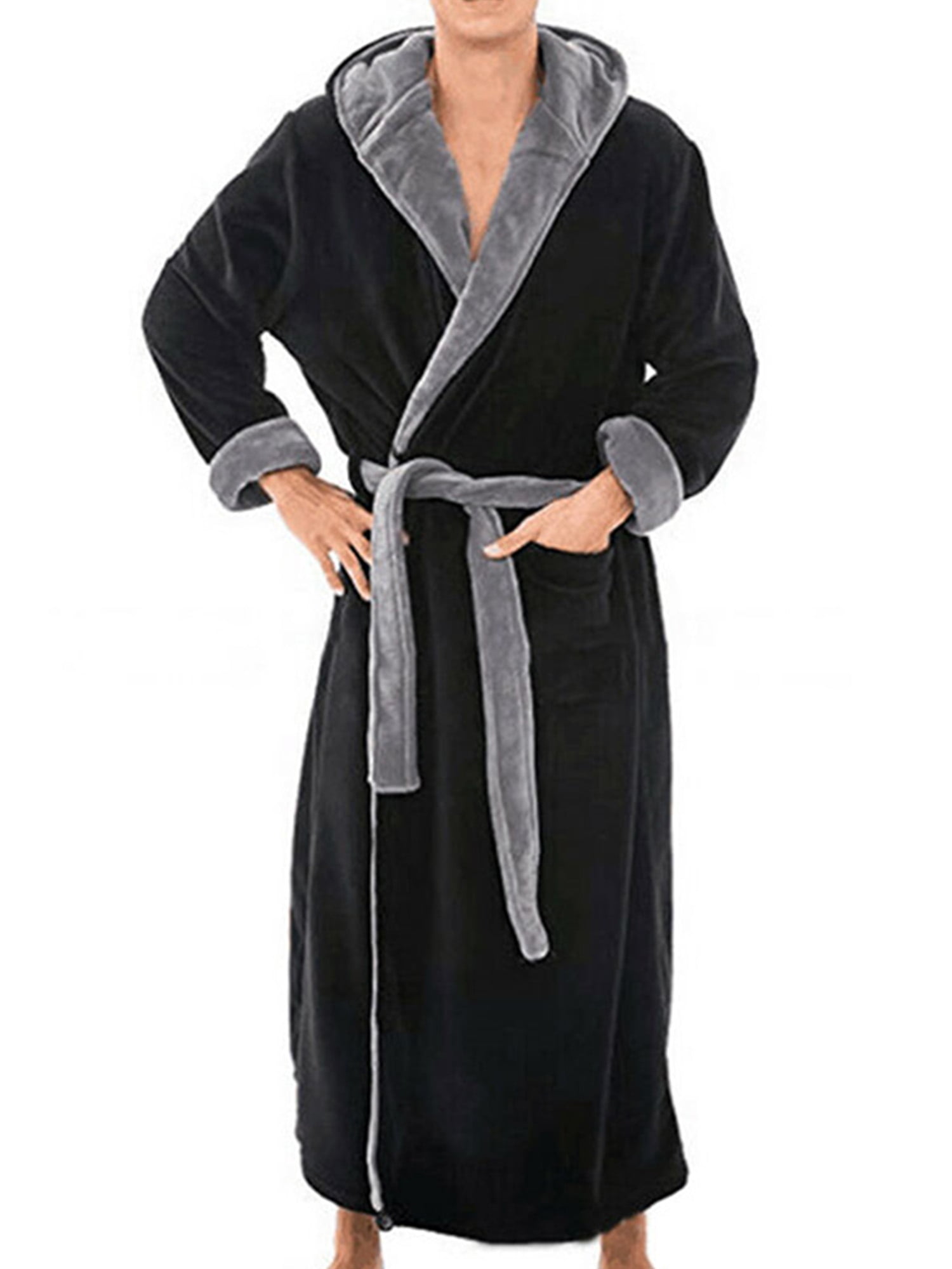 Male Flannel Robe Male Hooded Thick Dressing Gown Men Bathrobe Winter Long  Robe | eBay