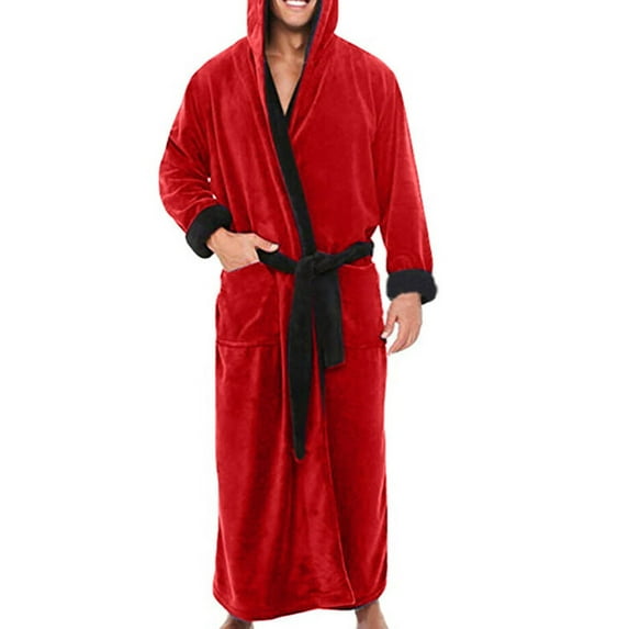 Avamo Men Wrap Robe Solid Color Bath Robes Hooded Dressing Gown Winter Comfy Towelling Thermal Long Sleeve Nightwear Red Black 4XL