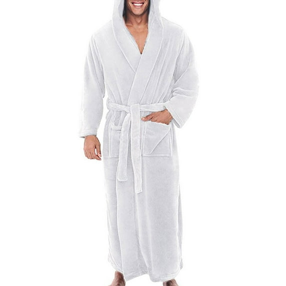 Avamo Men Wrap Robe Solid Color Bath Robes Hooded Dressing Gown Winter Comfy Towelling Thermal Long Sleeve Nightwear White 4XL