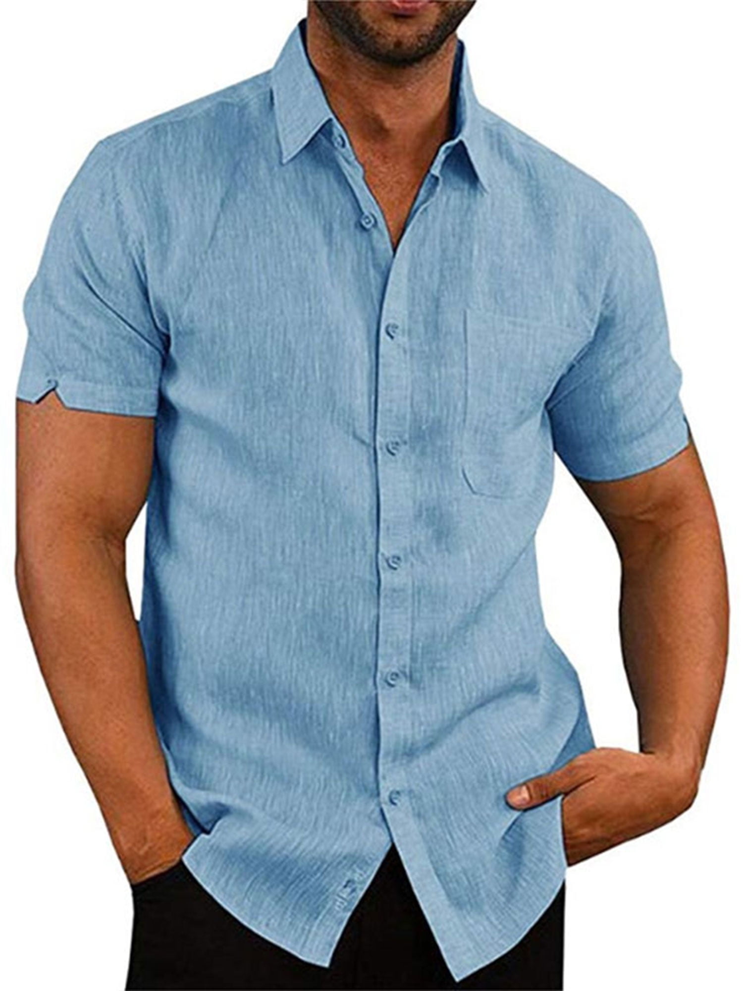 Avamo Mens Button Down Shirt Short Sleeve Casual Linen Hippie