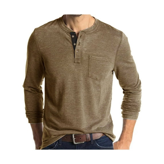 Avamo Mens Casual Long Sleeve Tops Shirts Basic Round Neck Henley T-Shirt Solid Color Button Up Pullover Tunic Tops with Pocket