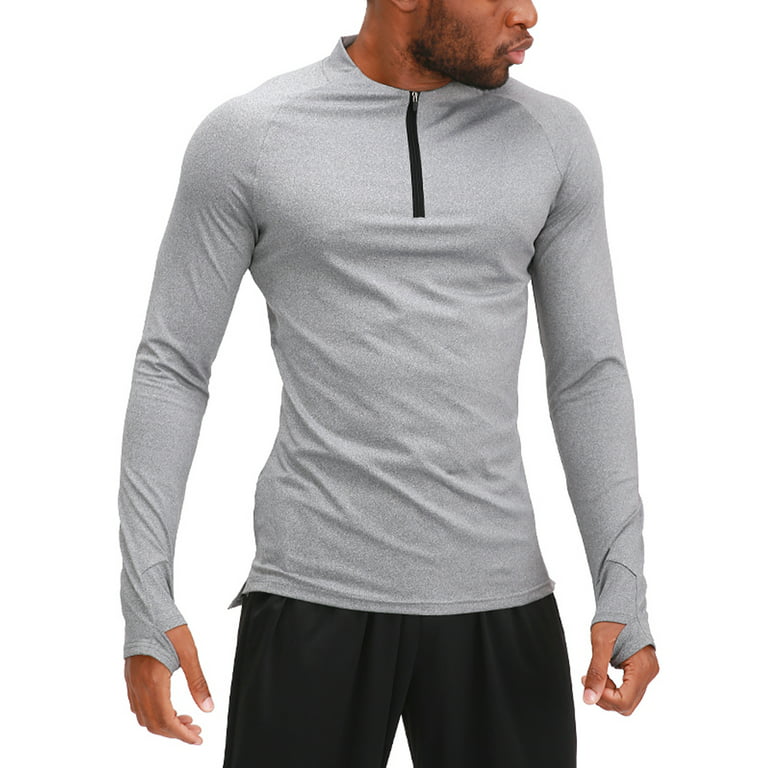 Cheap Men Half Zipper High Neck Sport Long Sleeve Compression Quick Dry T  Shirt Fitness Running Shirts Workout Tops