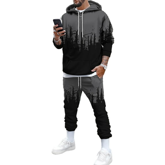 Avamo Mens Tracksuit 2 Piece Outfit Autumn Casual Splash Ink Print Hoodies Sweatshirt Active Sport Jogger Tracksuit
