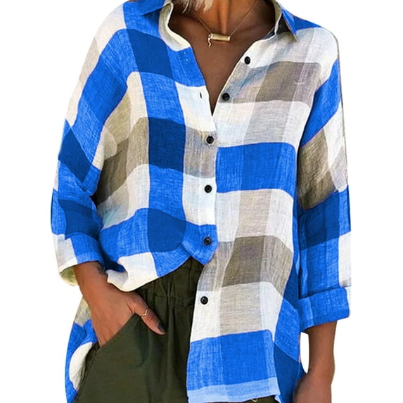 Avamo Plus Size Women Turn Down Collar Tops Casual Loose Roll-Up Sleeve Plaid T SHirt Women Button Front Tops Office Blouse Basic Tunic Clothes