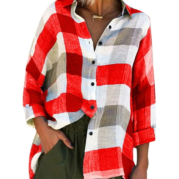 Avamo Plus Size Women Turn Down Collar Tops Casual Loose Roll-Up Sleeve Plaid T SHirt Women Button Front Tops Office Blouse Basic Tunic Clothes