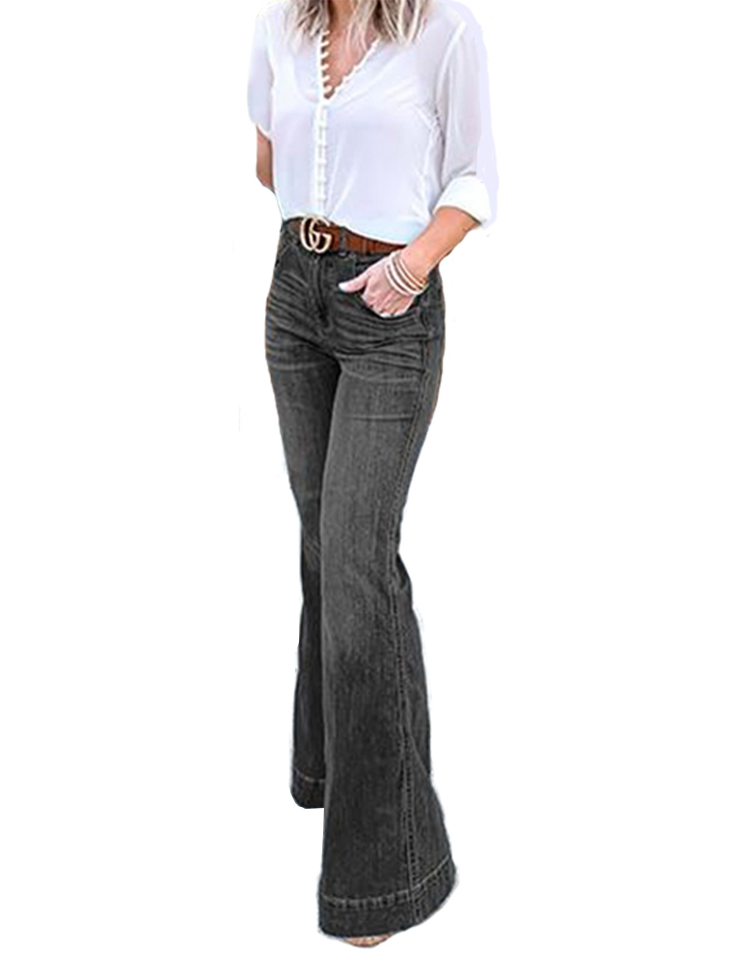 Avamo Retro Flared Jeans For Women Distressed Jeans Ladies Bell Bottoms Jeans Stretch Bootcut Denim Pants Casual Wide Leg Trousers - image 1 of 2