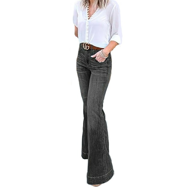 Avamo Retro Flared Jeans For Women Distressed Jeans Ladies Bell Bottoms Jeans Stretch Bootcut Denim Pants Casual Wide Leg Trousers