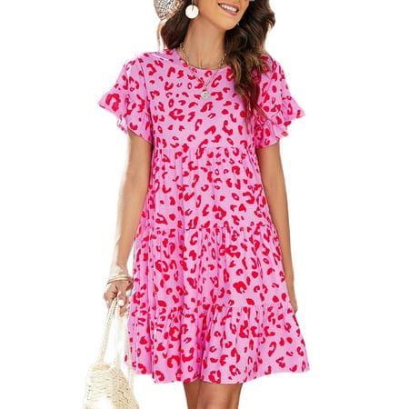 Avamo Ruffles Boho Floral Printed Dresses for Women Loose Swing Casual Short Mini T-Shirt Dress