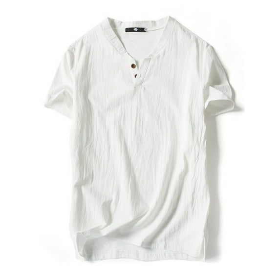 Avamo Summer Tops for Men Casual Plain Buttons Shirt Retro Short Sleeve Henley Shirt Vacation V Neck T Shirt Linen Tees