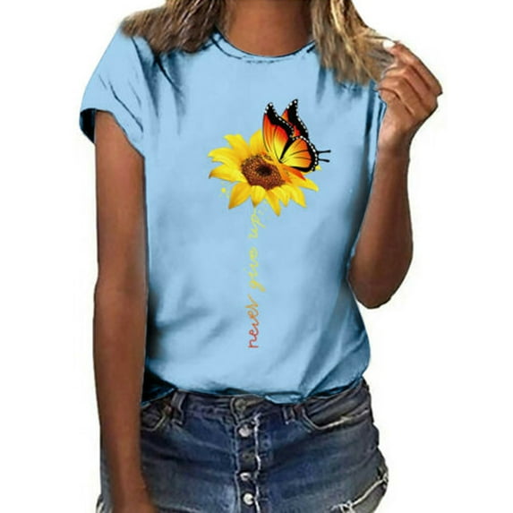 Avamo Women Bohemian Sunflower T Shirt Loose Chic Short Sleeve O Neck Tops Summer Casual Pullover Blouse T-shirt