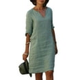 thumbnail image 1 of Avamo Women Bohemian V Neck T-Shirt Dresses Plain Baggy Shift Sundress Kaftan Daily Wear Tunic Midi Dress, 1 of 2