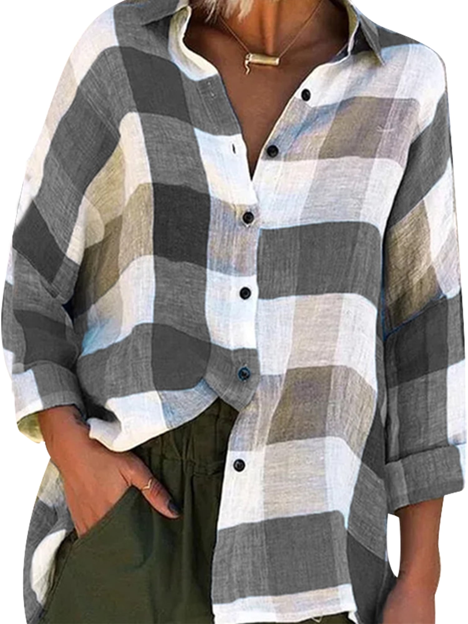 Avamo Women Button Down Tunic TShirt Casual Plaid Tops Blouse Roll Up