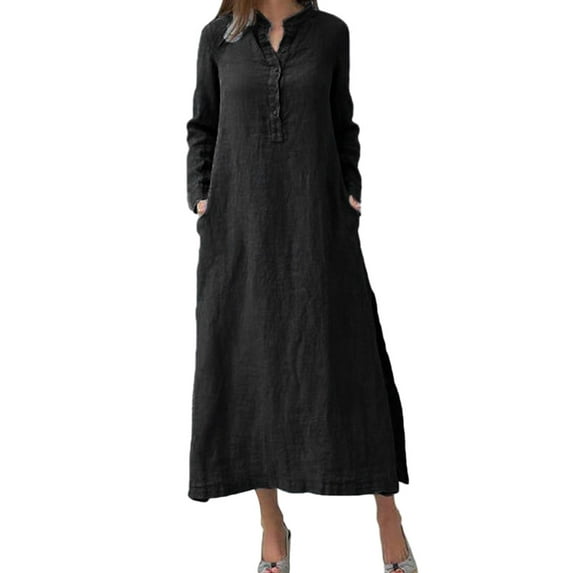 Avamo Women Dress V Neck Maxi Dresses Solid Color Autumn Loose Retro Long Sleeve Black S
