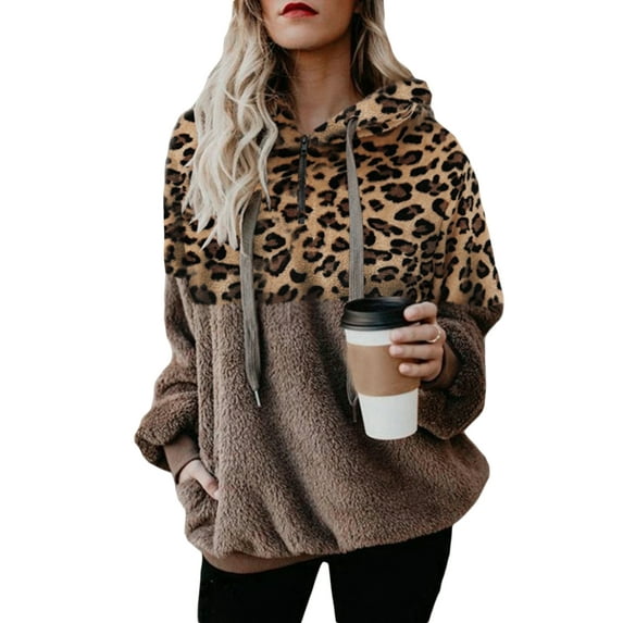 Avamo Women Hoodies Pullover Tops Plus Size Long Sleeve Color Block Hooded Sweater Ladies Drawstring Fluffy Fleece Sweatshirt Loungewear with Pockets