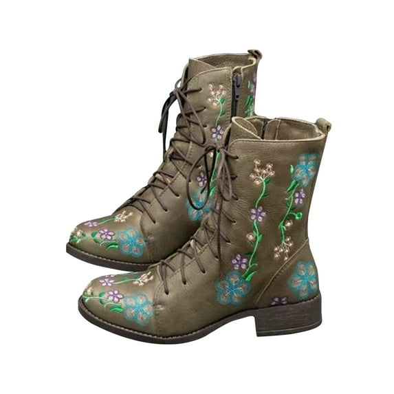 Avamo Women Leather Combat Boots Patent Booties Round Toe Lace Up Zipper Ankle Block Heel Shoes