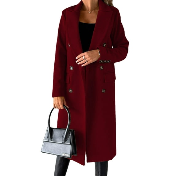 Avamo Women Long Length Cardigan Outwear Double Breasted Loose Pea Coats Solid Color Winter Warm Overcoats Wine Red S