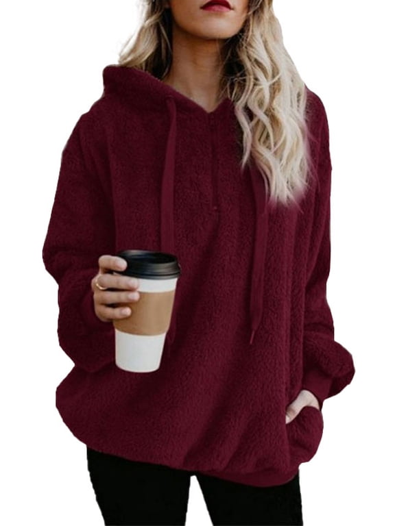 Women's Long Sleeve Hoodie Hooded Fluffy Fleece Pullover