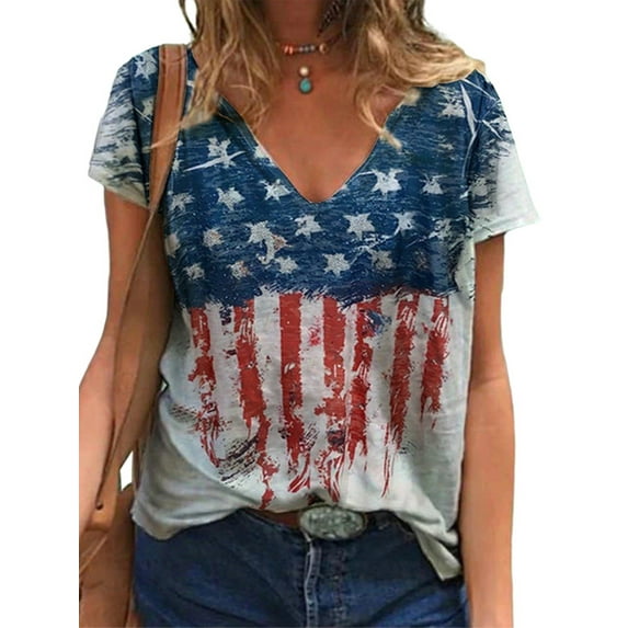 Avamo Women Summer V Neck Casual Tops Fashion Print Short Sleeve Loose T-shirt Blouses