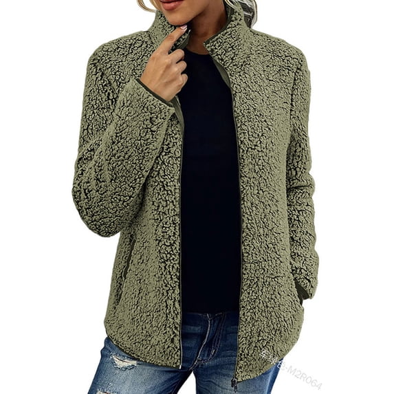 Avamo Women Loose Zip Up Coat With Pockets Casual Overcoats Ladies Stand Collar Outdoor Outwear Army Green XL