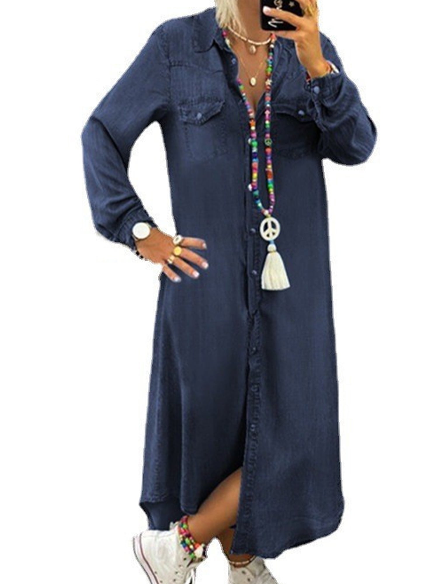 Avamo Women Plus Size Long Sleeve Denim Dress Ladies Button Down Oversized  Kaftan Knee Length Dresses Autumn Winter Loose Dress Dark Blue 3XL -  Walmart.com