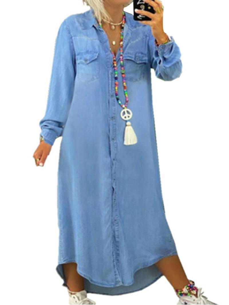 Avamo Women Plus Size Long Sleeve Denim Dress Ladies Button