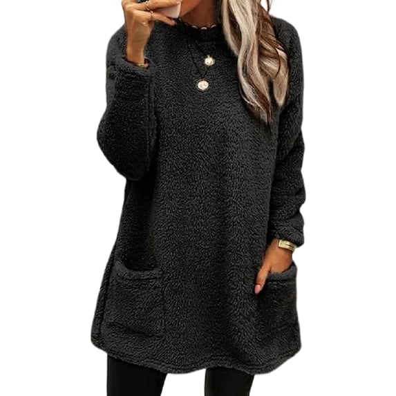 Avamo Women Plush Fleece Plain Pullover Tops Crew Neck Loose Tee Solid Color Blouse Shirts Black 2XL