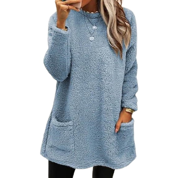 Avamo Women Plush Fleece Plain Pullover Tops Crew Neck Loose Tee Solid Color Blouse Shirts Light Blue XL