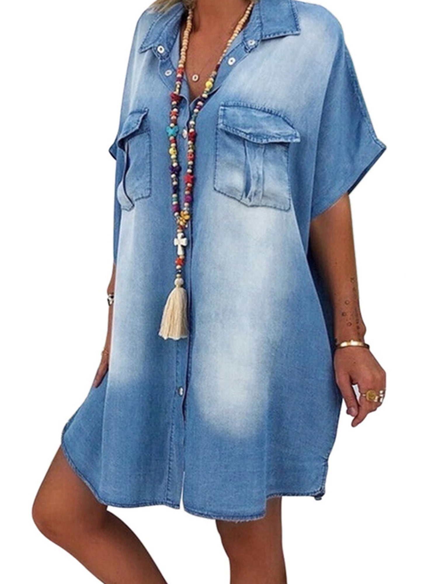 Avamo Women Short Sleeve Denim Shirt Dresses Ladies Button Down