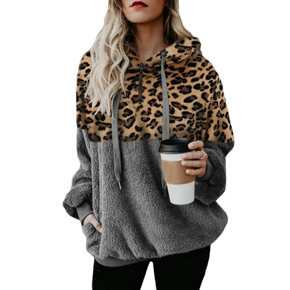 Avamo Women Teddy Fleece Sweatshirt Drawstring Hooded Tops Long Sleeve Hoodies Ladies Warm Pullover Fall Gray S