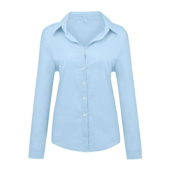 Avamo Women Tee Long Sleeve T Shirt Solid Color T-shirt OL Loose Tunic Blouse Baggy Button Down Tops Blue M