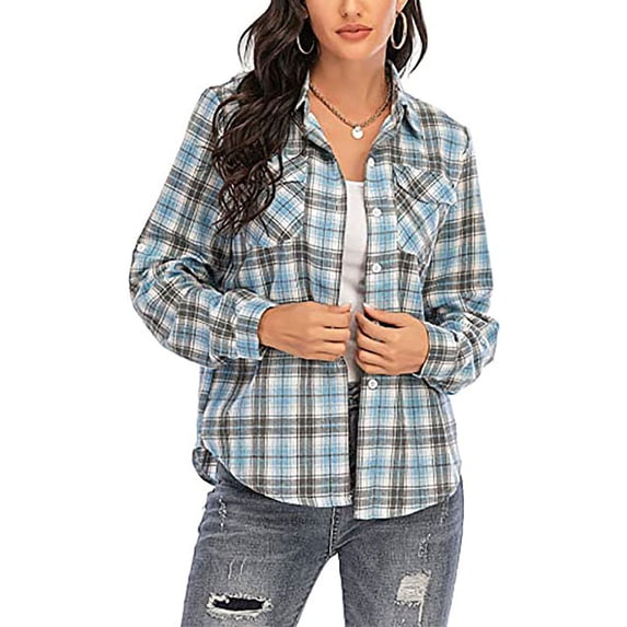 Avamo Women’s Check Plaid Shirts Sleeve Button Down Classic College Style Long Sleeve Collar Shirt Blouse Tops