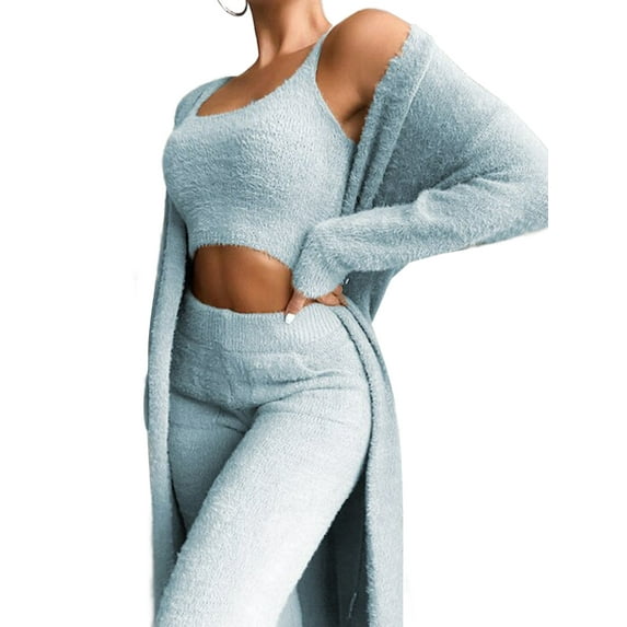 Avamo Women Fuzzy 3 Pieces Sweatsuit Solid Color Cardigan Outfits High Waist Lounge Set Party Open Front Fleece Nightwear Sets Soft Sleeveless Blue L