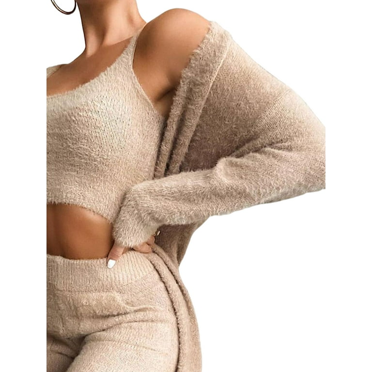 Avamo Womens Fuzzy 3 Piece Outfit Sweatshirt Open Front Cardigan Crop Tank  Tops Wide Leg Pants Lounge Sets