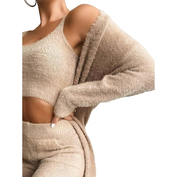 Avamo Womens Fuzzy 3 Piece Outfit Sweatshirt Open Front Cardigan Crop Tank Tops Wide Leg Pants Lounge Sets