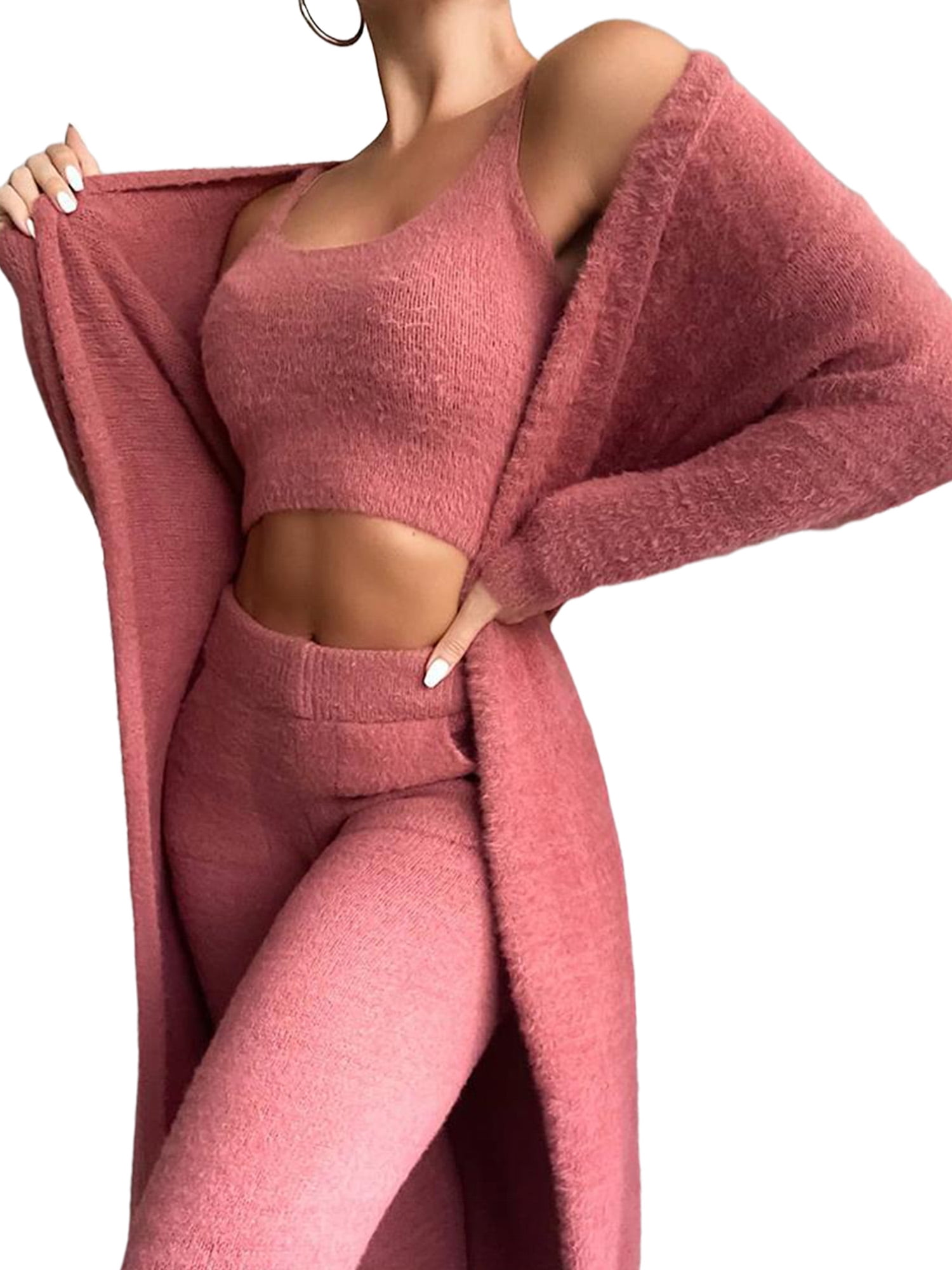 Avamo Womens Fuzzy 3 Piece Outfit Sweatshirt Open Front Cardigan