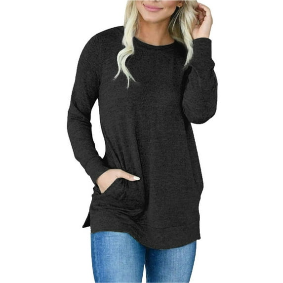 Avamo Womens Long Sleeve Crewneck Pocket Pullover Sweatshirt Loose Fit Basic Solid Color Side Split Pullover Tops Plus Size