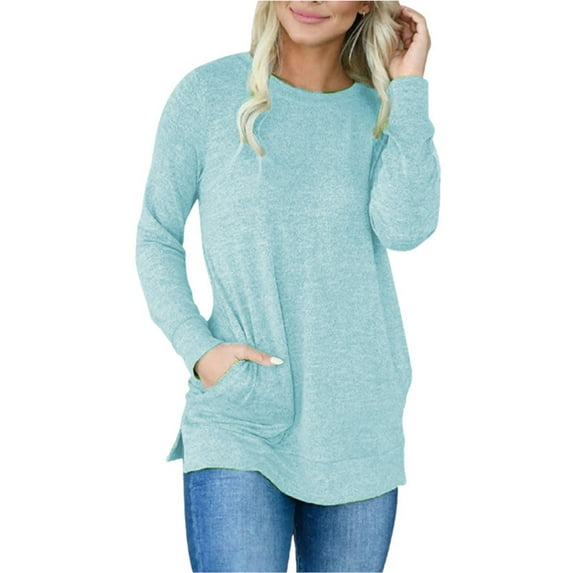 Avamo Womens Long Sleeve Crewneck Pocket Pullover Sweatshirt Loose Fit Basic Solid Color Side Split Pullover Tops Plus Size