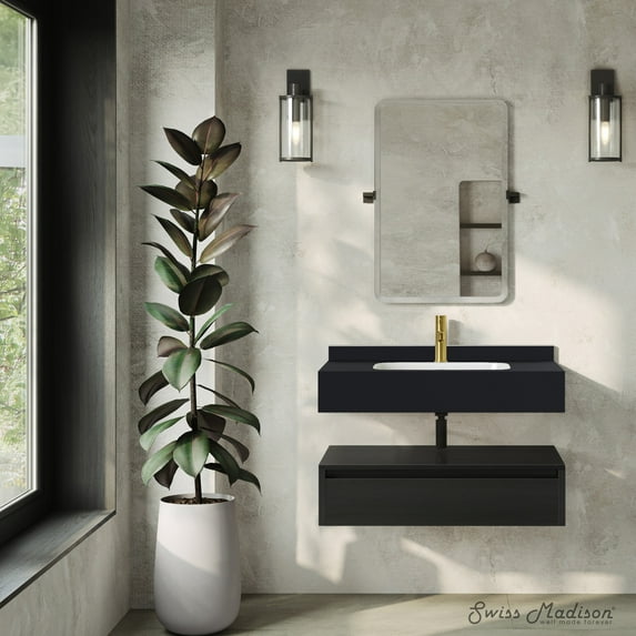 Avancer 36" Wall-Mounted Bathroom Vanity in Black Oak with Black Marble Sink Top